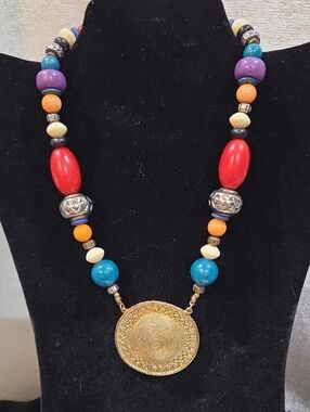 CAROL DAUPLAISE Bohemian Multi-Color Beaded Necklace with Gold Medallion
